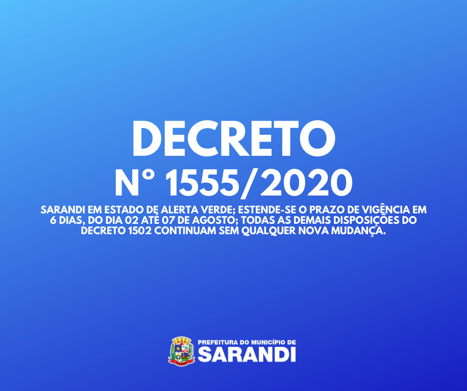 Decreto Nº 1555/2020 dispõe sobre a prorrogação do prazo das medidas adotadas no decreto nº 1502/2020